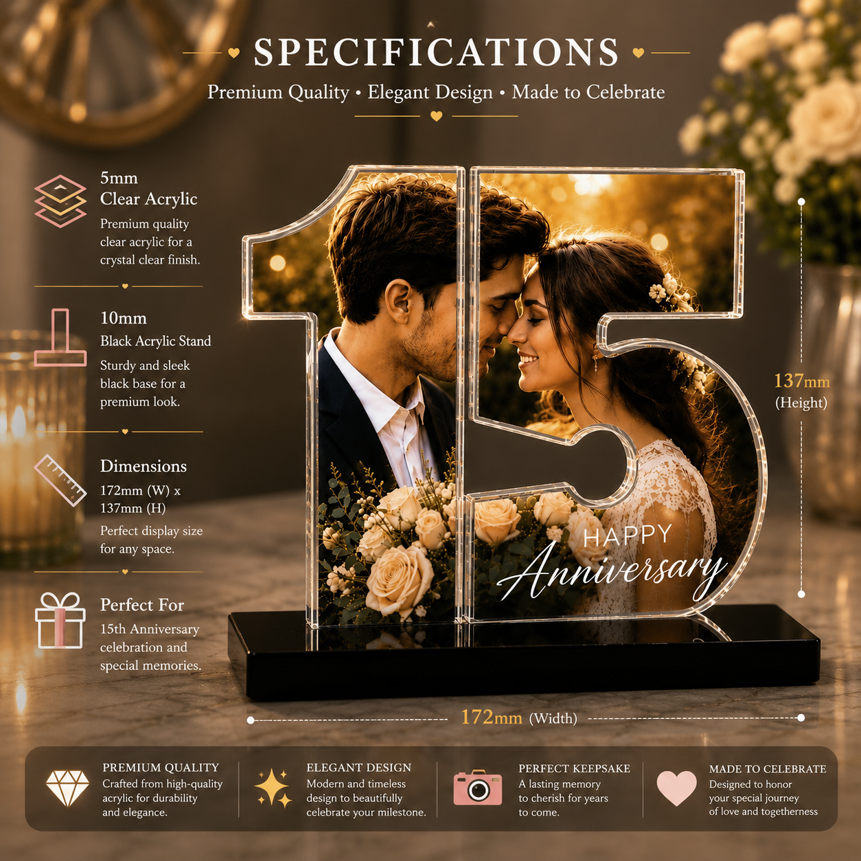 Personalized 15th Anniversary Acrylic Photo Plaque | Custom Wedding Anniversary Gift UAE